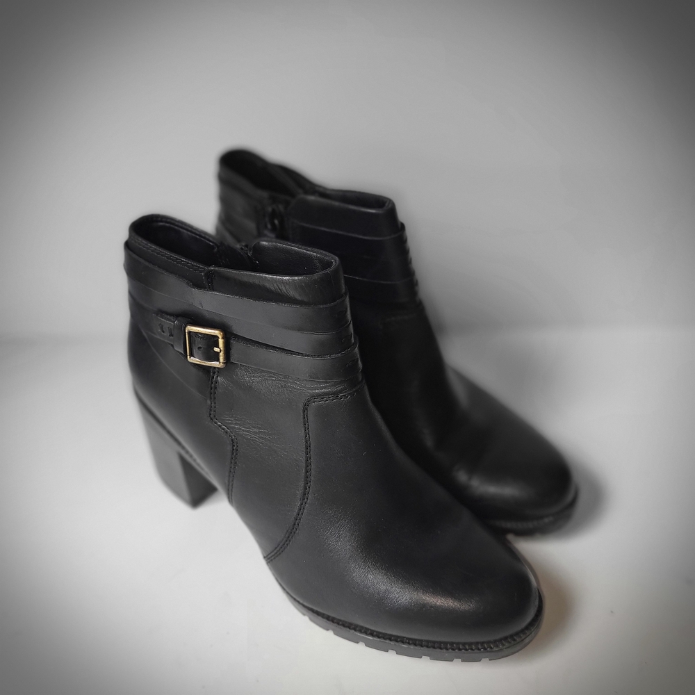 Clarks Black Heeled Leather Ankle Boots with Buckle